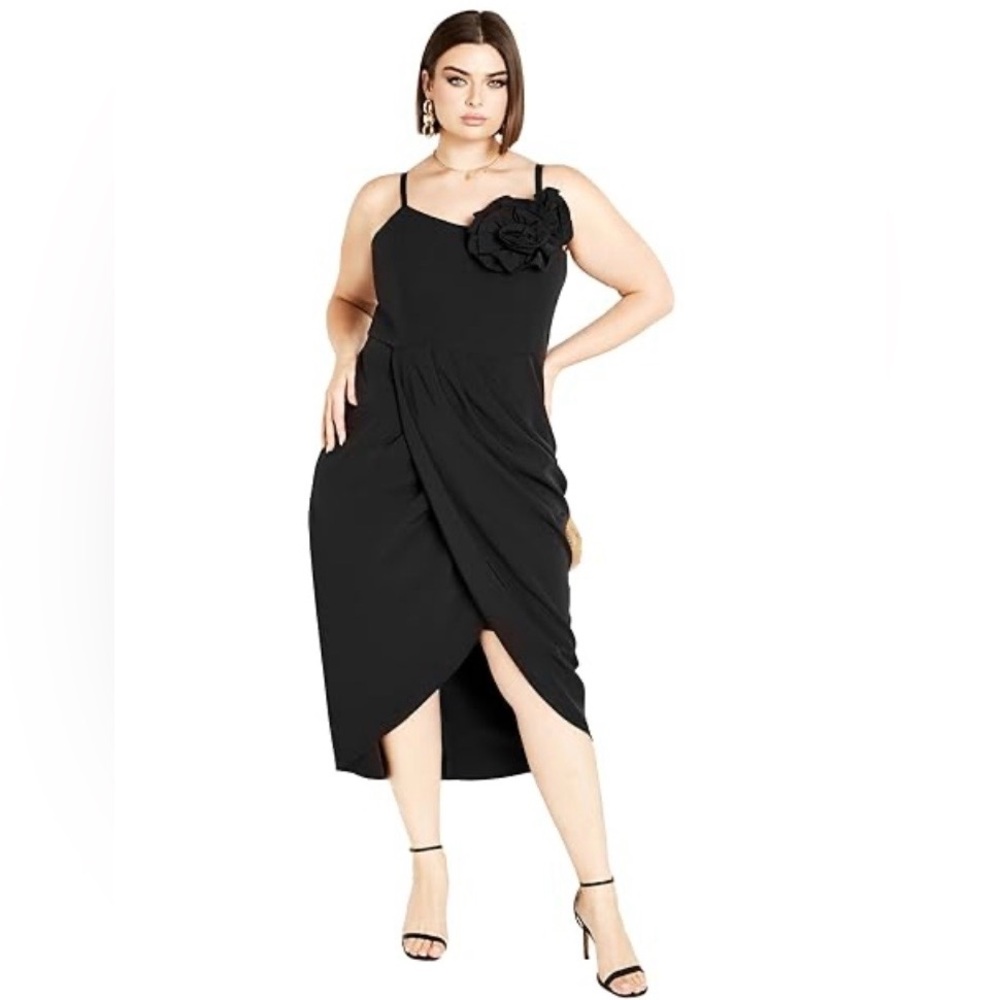 City Chic Black Midi Dress with Floral Accent